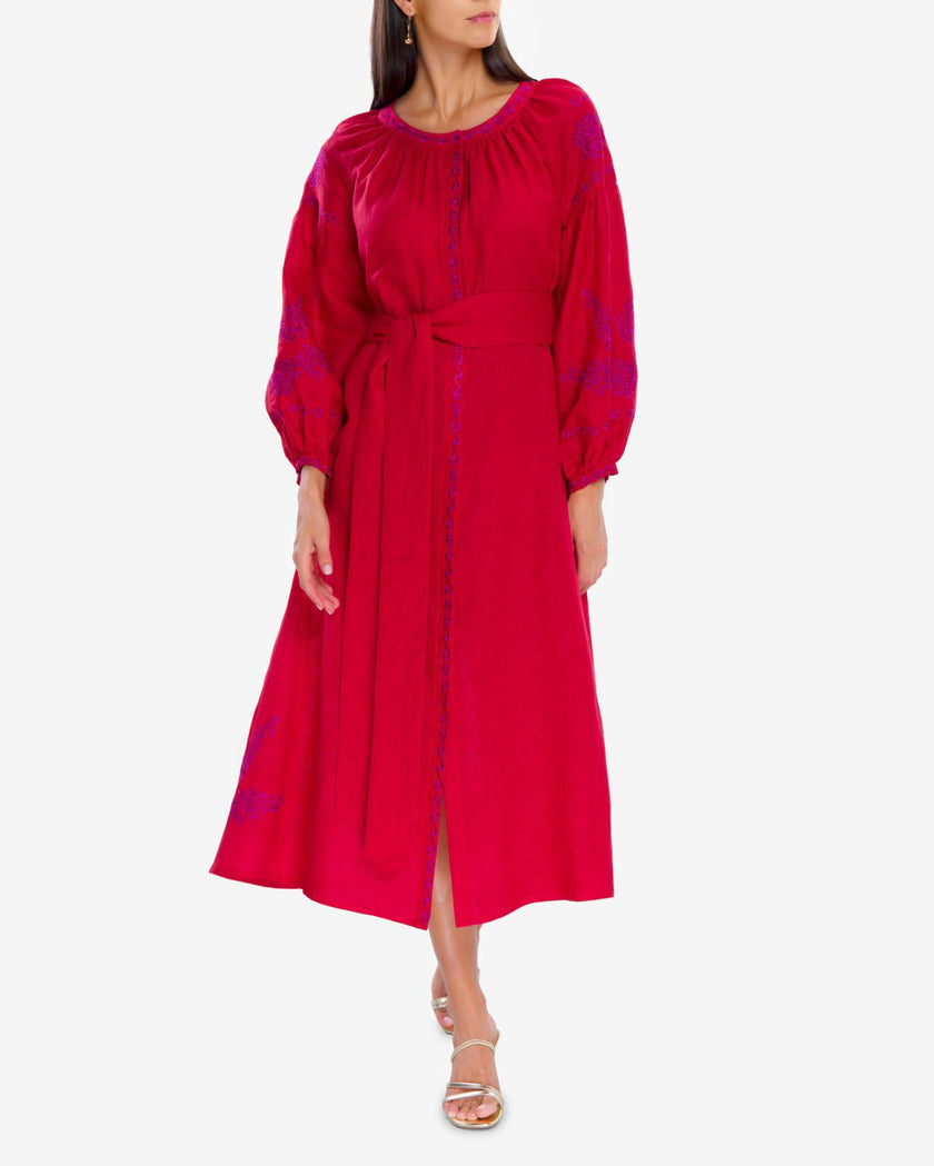 Scarlet Red Embroidered Linen Maxi Dress | ZALXNDRA