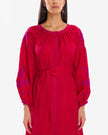 Scarlet Red Embroidered Linen Maxi Dress – Balloon Sleeves