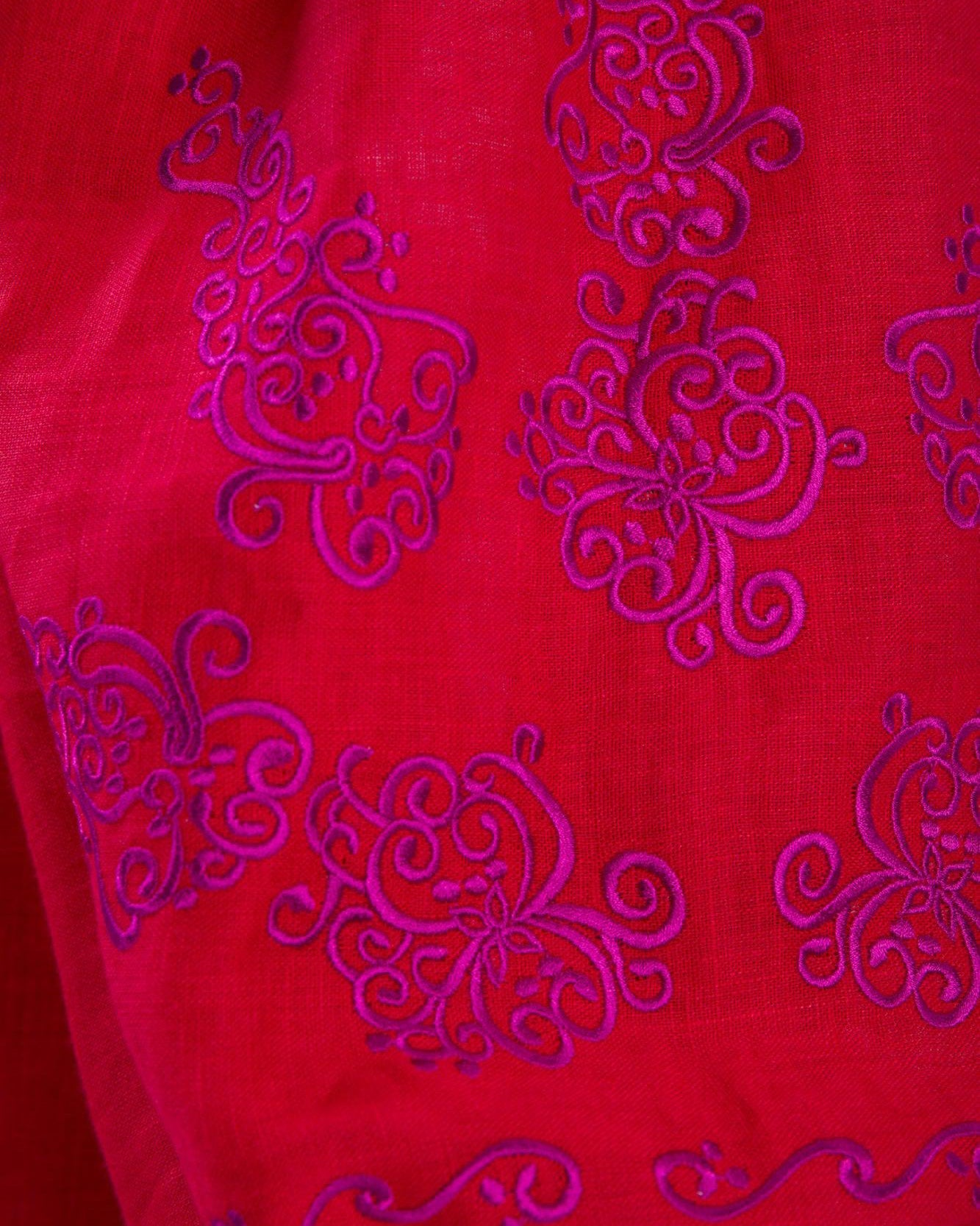 Scarlet Red Embroidered Linen Maxi Dress – Balloon Sleeves