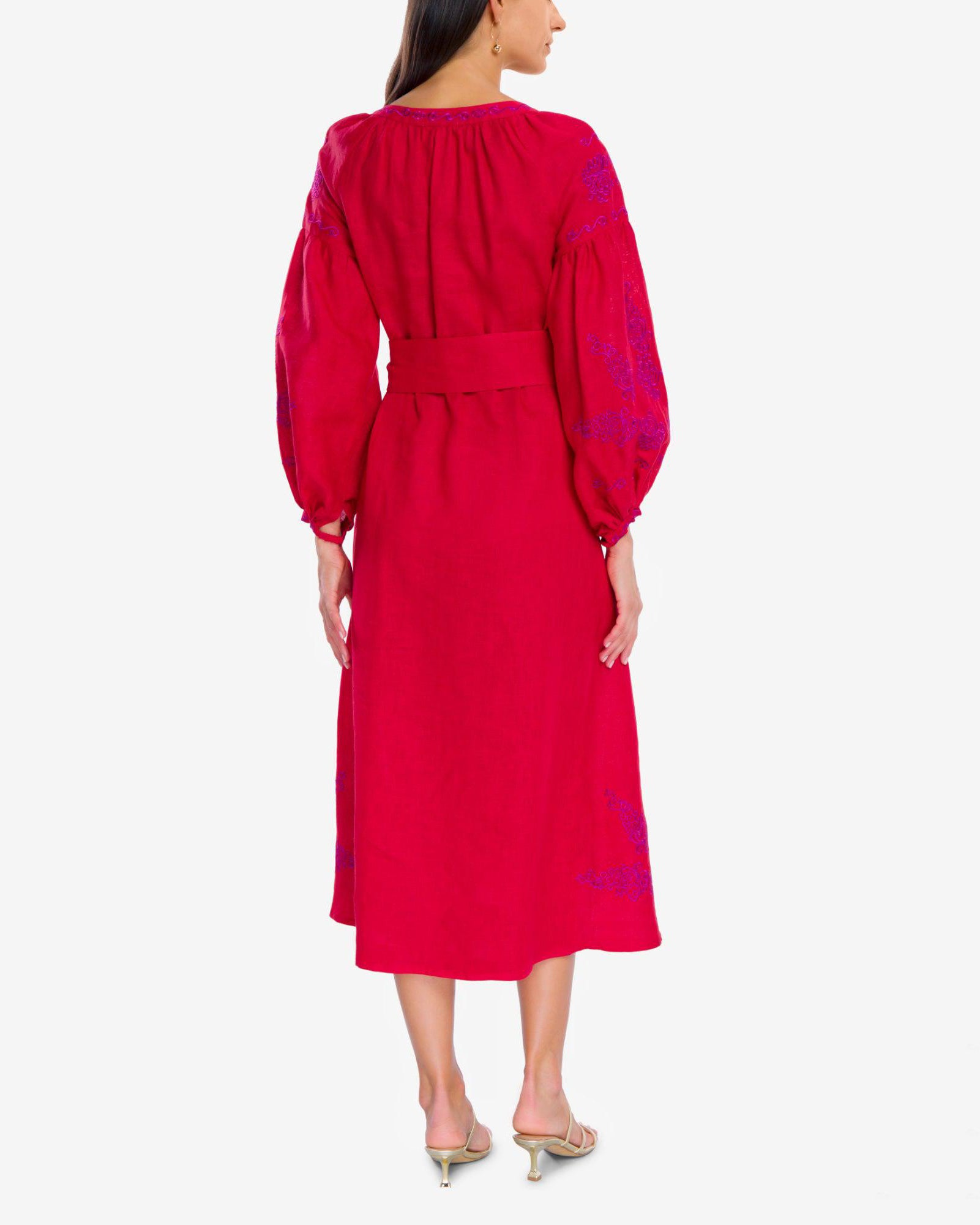 Scarlet Red Embroidered Linen Maxi Dress – Balloon Sleeves