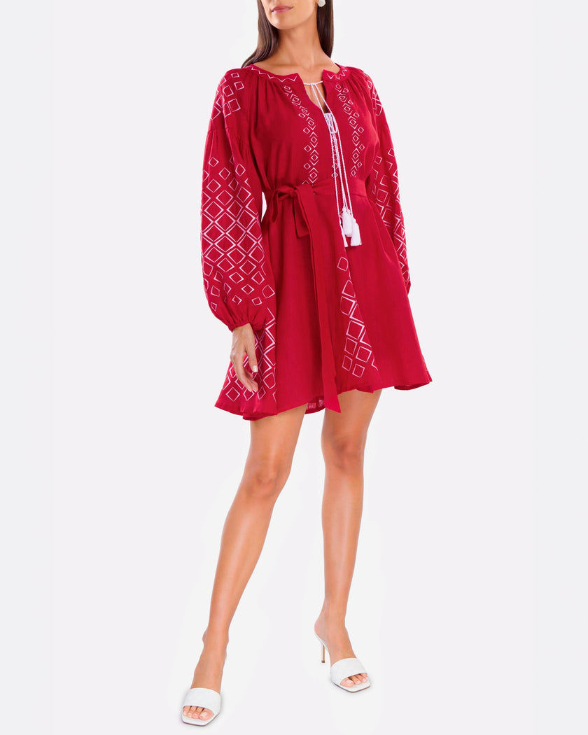 Scarlet Red White Geometric Embroidered Linen Mini Kaftan Dress