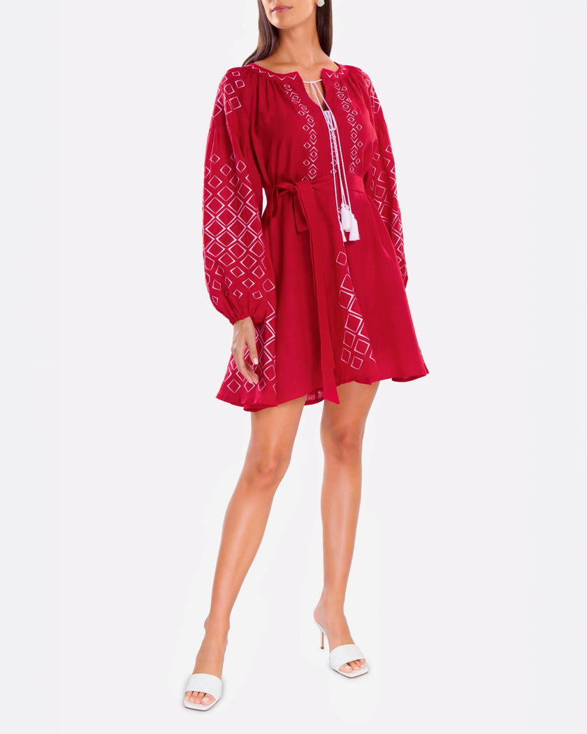 Scarlet Red Embroidered Linen Mini Dress – Balloon Sleeves