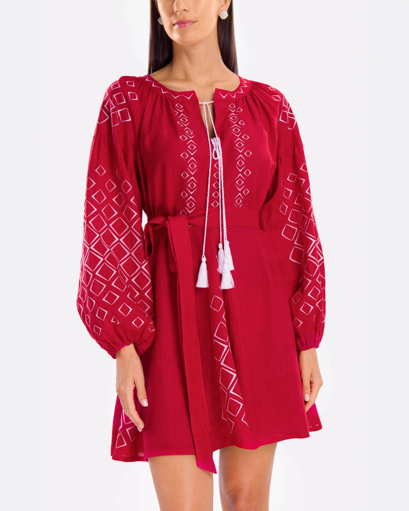 Scarlet Red White Geometric Embroidered Linen Mini Kaftan Dress
