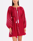Mini-robe en lin brodé rouge écarlate – Manches ballon