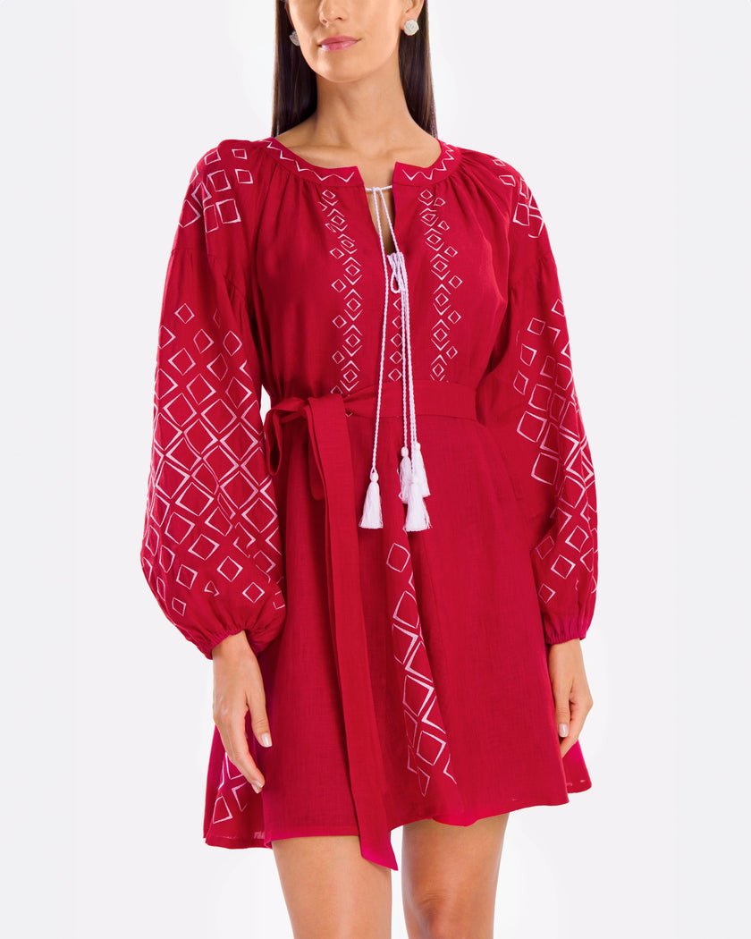 Scarlet Red Embroidered Linen Mini Dress – Balloon Sleeves