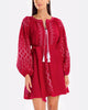 Mini-robe en lin brodé rouge écarlate – Manches ballon