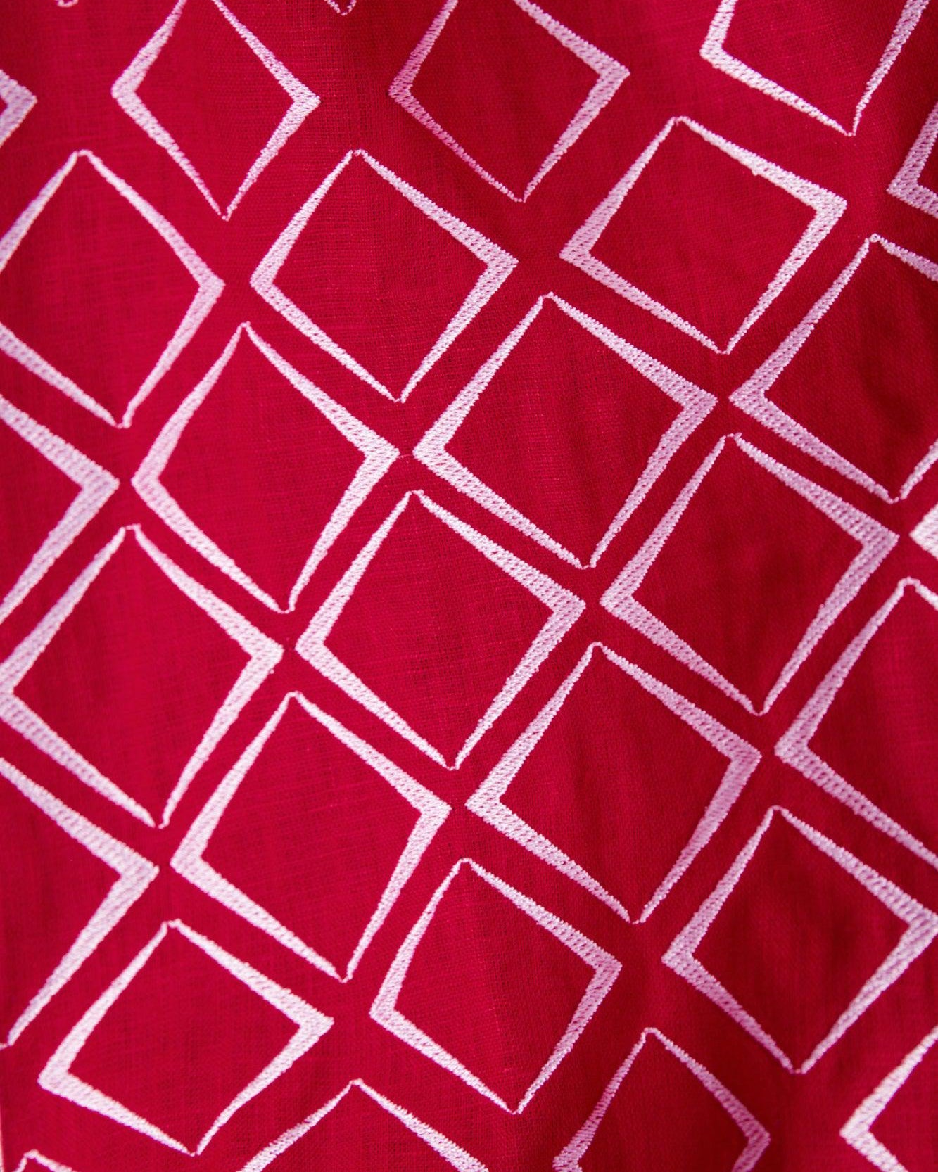Mini-robe en lin brodé rouge écarlate – Manches ballon