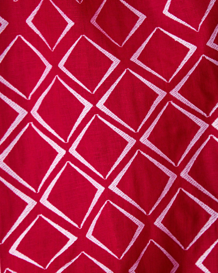 Scarlet Red White Geometric Embroidered Linen Mini Kaftan Dress