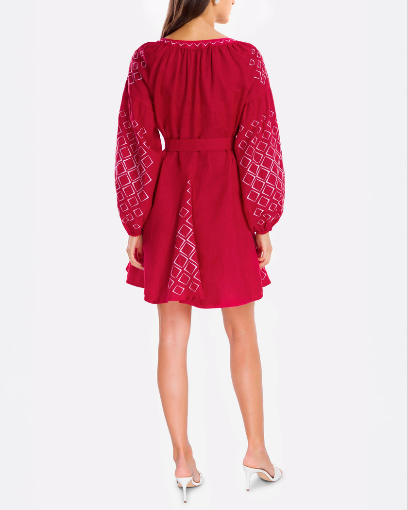 Scarlet Red White Geometric Embroidered Linen Mini Kaftan Dress