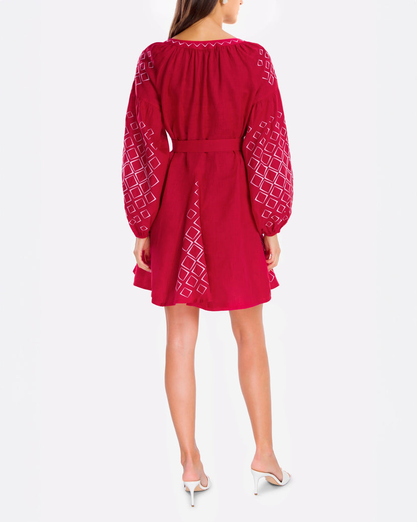 Scarlet Red Embroidered Linen Mini Dress – Balloon Sleeves