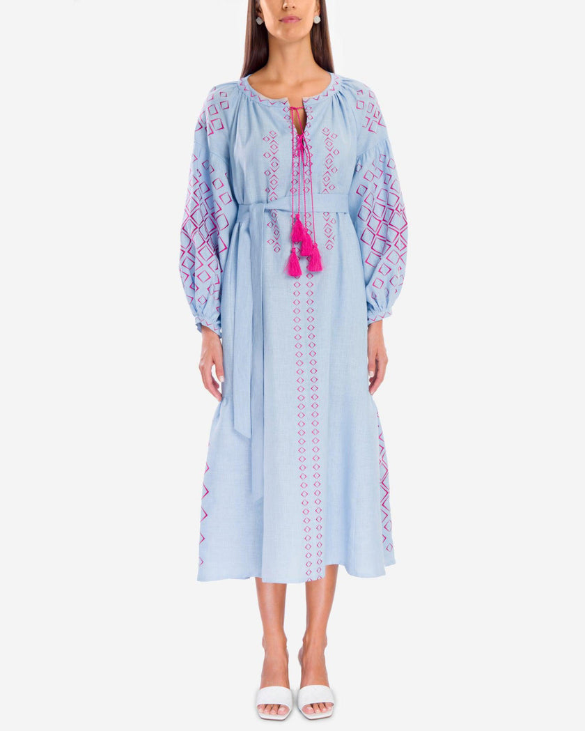 Powder Blue Pink Geometric Embroidered Linen Kaftan Maxi Dress