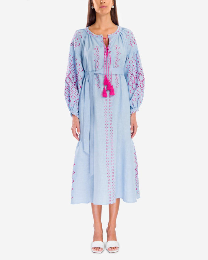 Powder Blue Embroidered Linen Maxi Dress – Balloon Sleeves