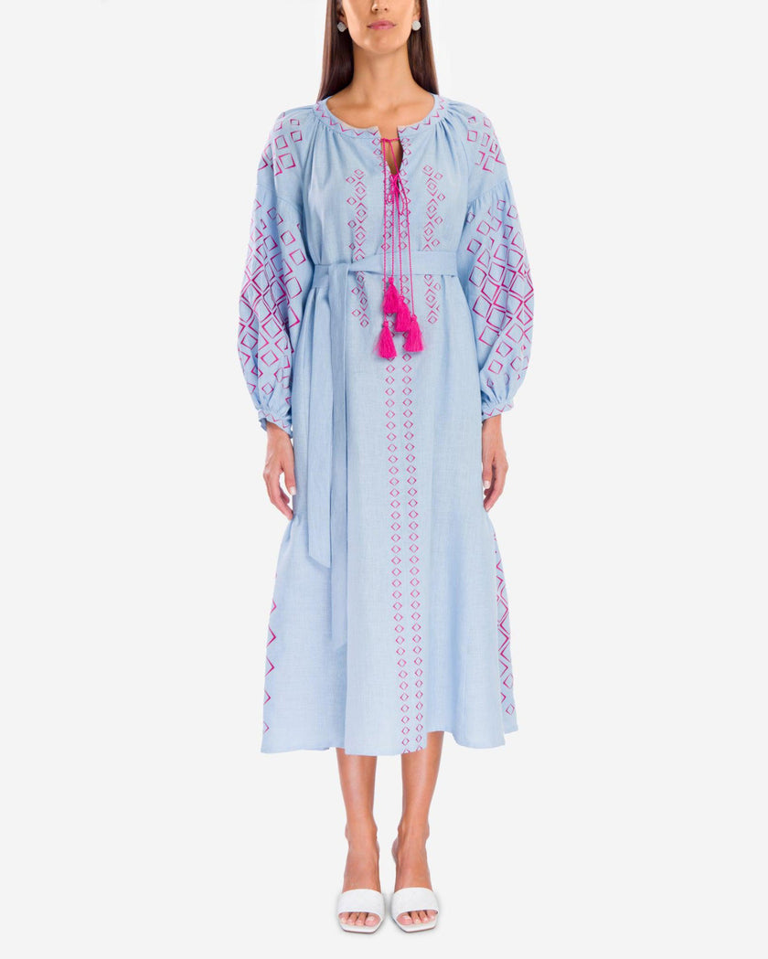 Powder Blue Embroidered Linen Maxi Dress – Balloon Sleeves