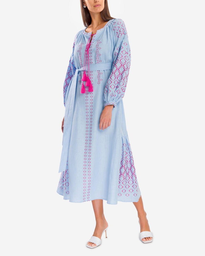 Powder Blue Embroidered Linen Maxi Dress – Balloon Sleeves