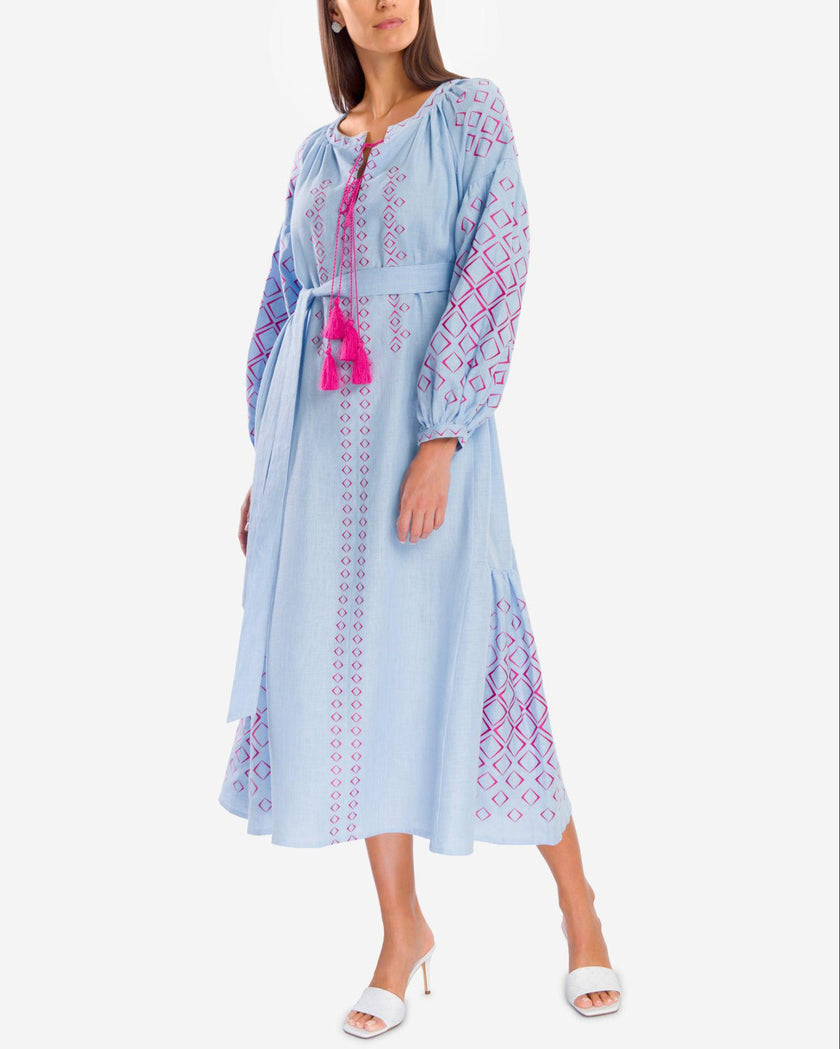 Powder Blue Pink Geometric Embroidered Linen Kaftan Maxi Dress