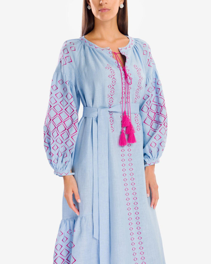 Powder Blue Embroidered Linen Maxi Dress – Balloon Sleeves