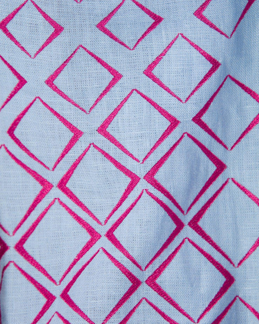 Powder Blue Embroidered Linen Maxi Dress – Balloon Sleeves