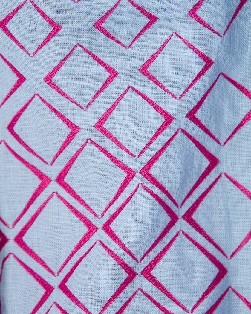 Powder Blue Pink Geometric Embroidered Linen Kaftan Maxi Dress