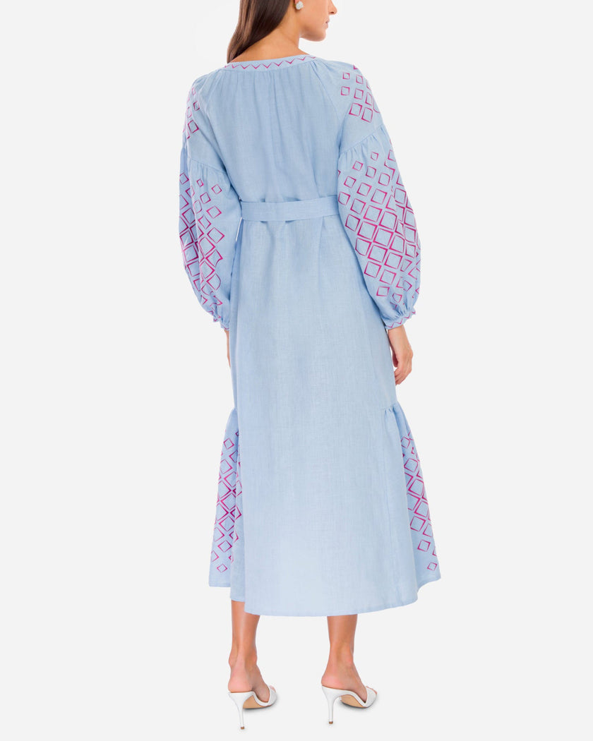 Powder Blue Pink Geometric Embroidered Linen Kaftan Maxi Dress
