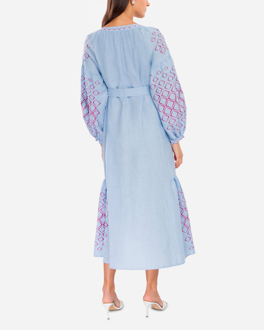 Powder Blue Embroidered Linen Maxi Dress – Balloon Sleeves