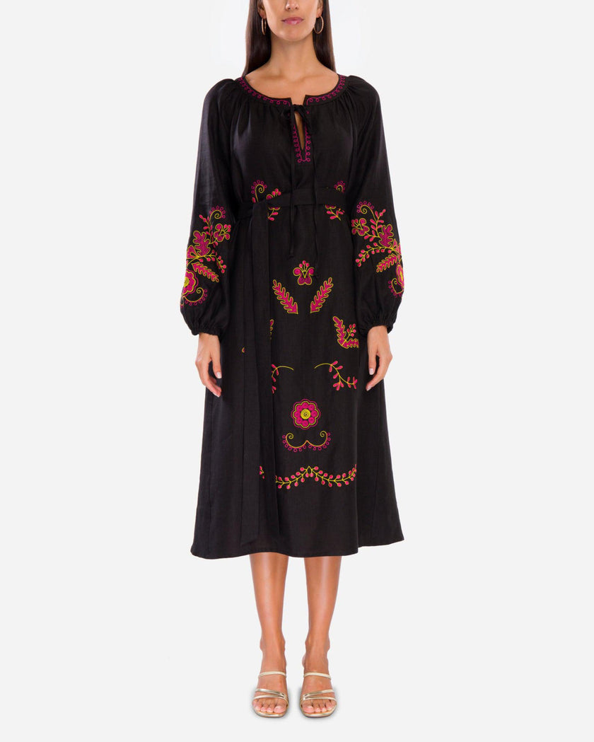 Black Embroidered Linen Maxi Dress | ZALXNDRA