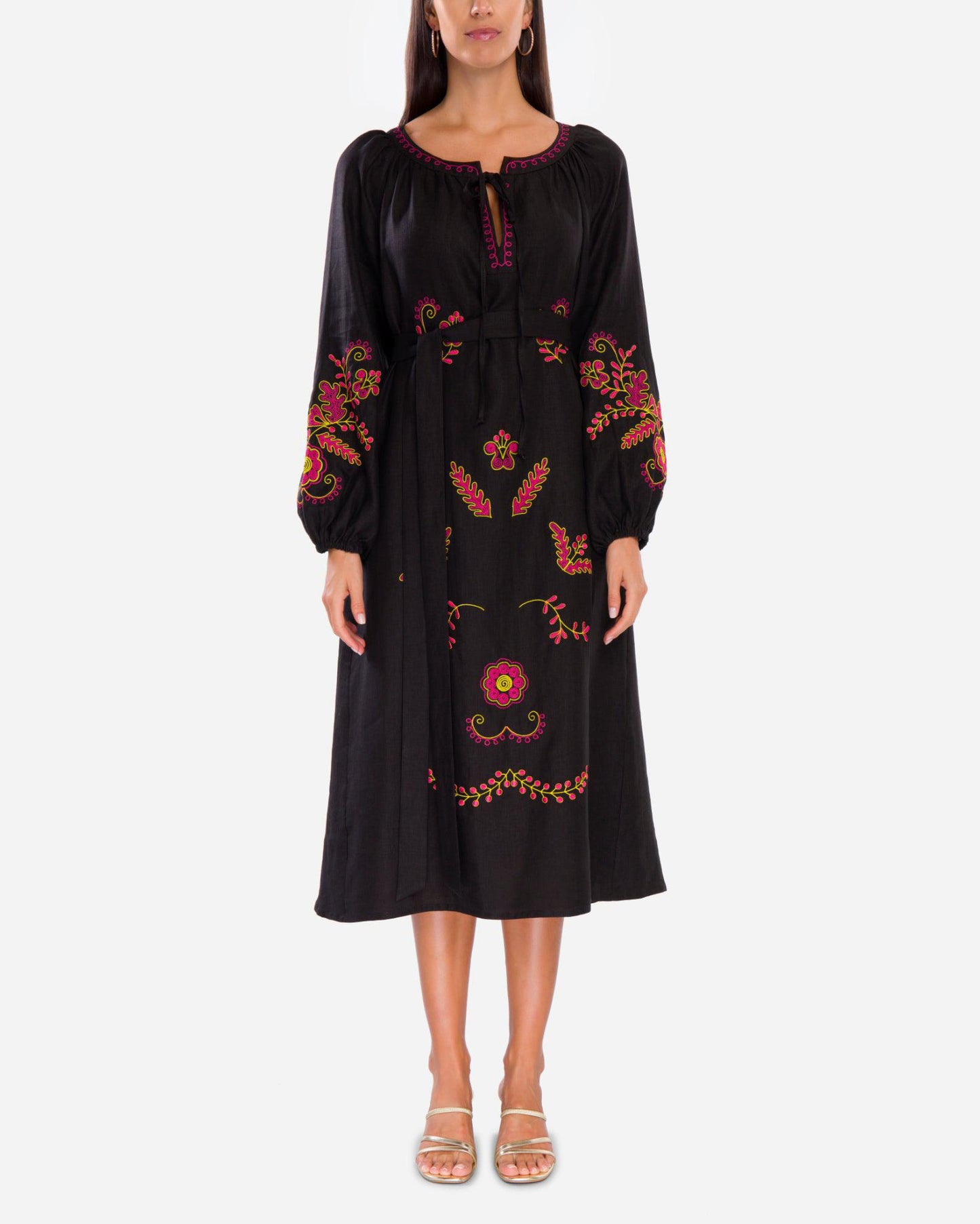 Black Embroidered Linen Maxi Dress – Balloon Sleeves | ZALXNDRA