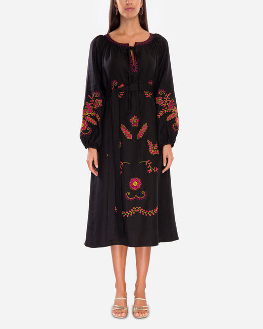 Black Embroidered Linen Maxi Dress – Balloon Sleeves | ZALXNDRA
