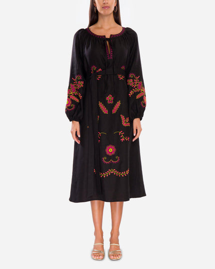 Black Embroidered Linen Maxi Dress – Balloon Sleeves | ZALXNDRA