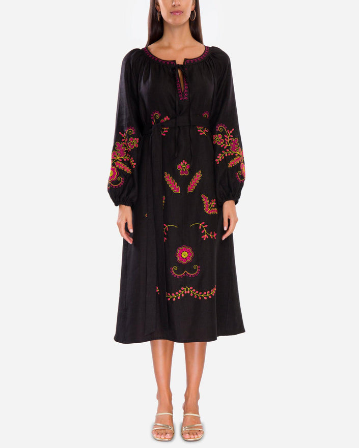 Black Pink Yellow Floral Embroidered Linen Kaftan Maxi Dress