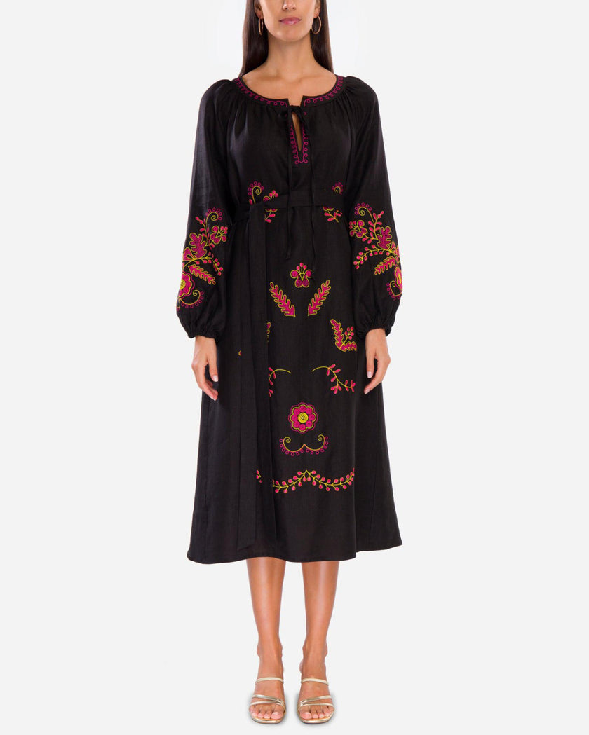 Black Pink Yellow Floral Embroidered Linen Kaftan Maxi Dress