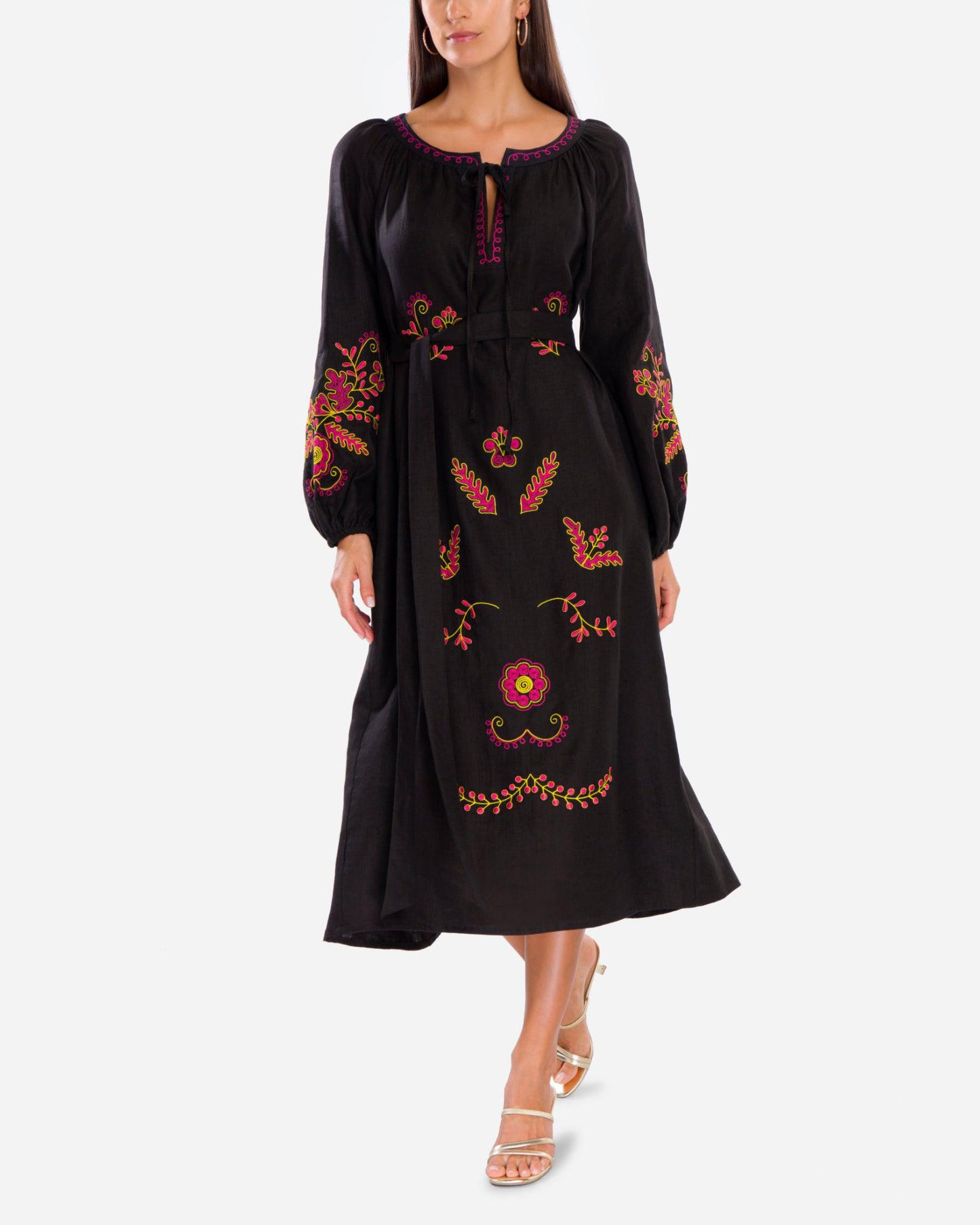 Black Embroidered Linen Maxi Dress – Balloon Sleeves | ZALXNDRA