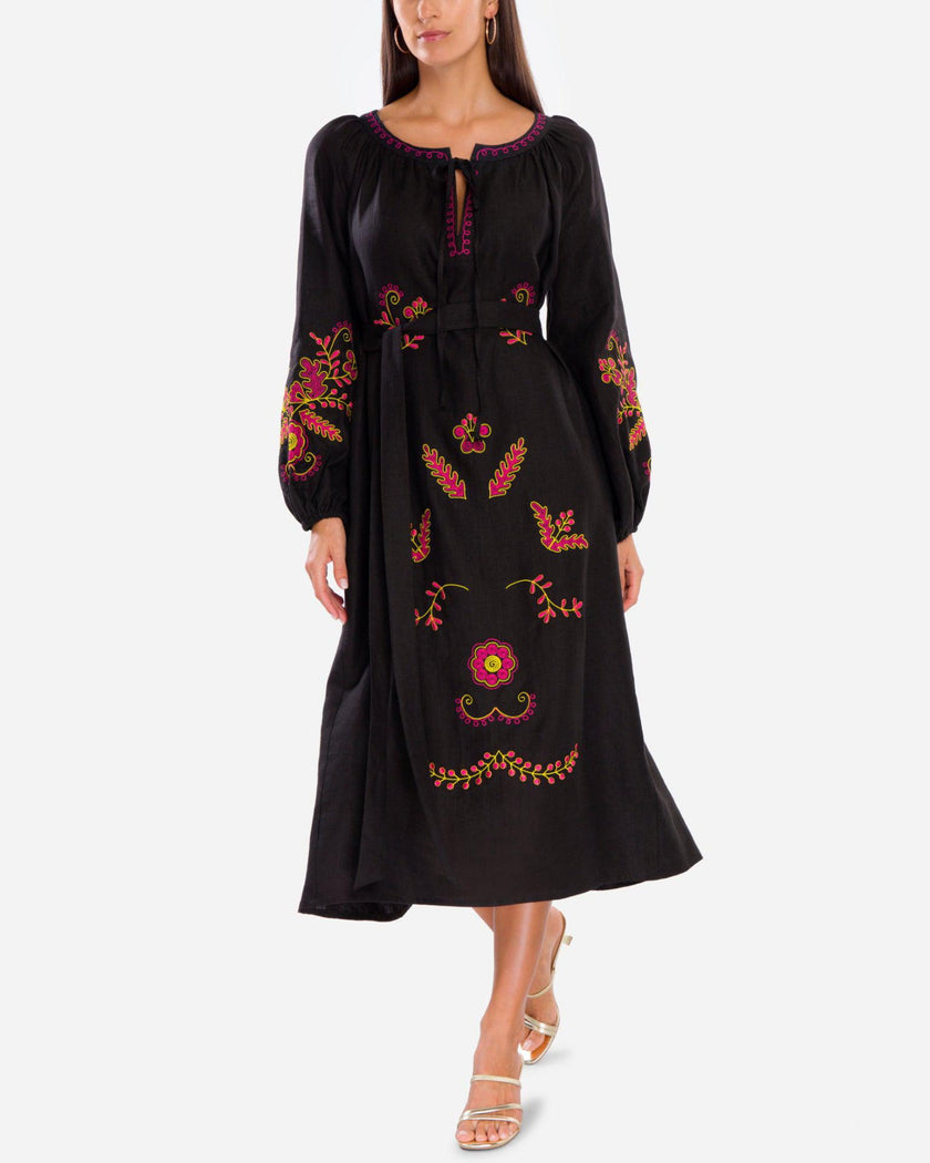 Black Pink Yellow Floral Embroidered Linen Kaftan Maxi Dress