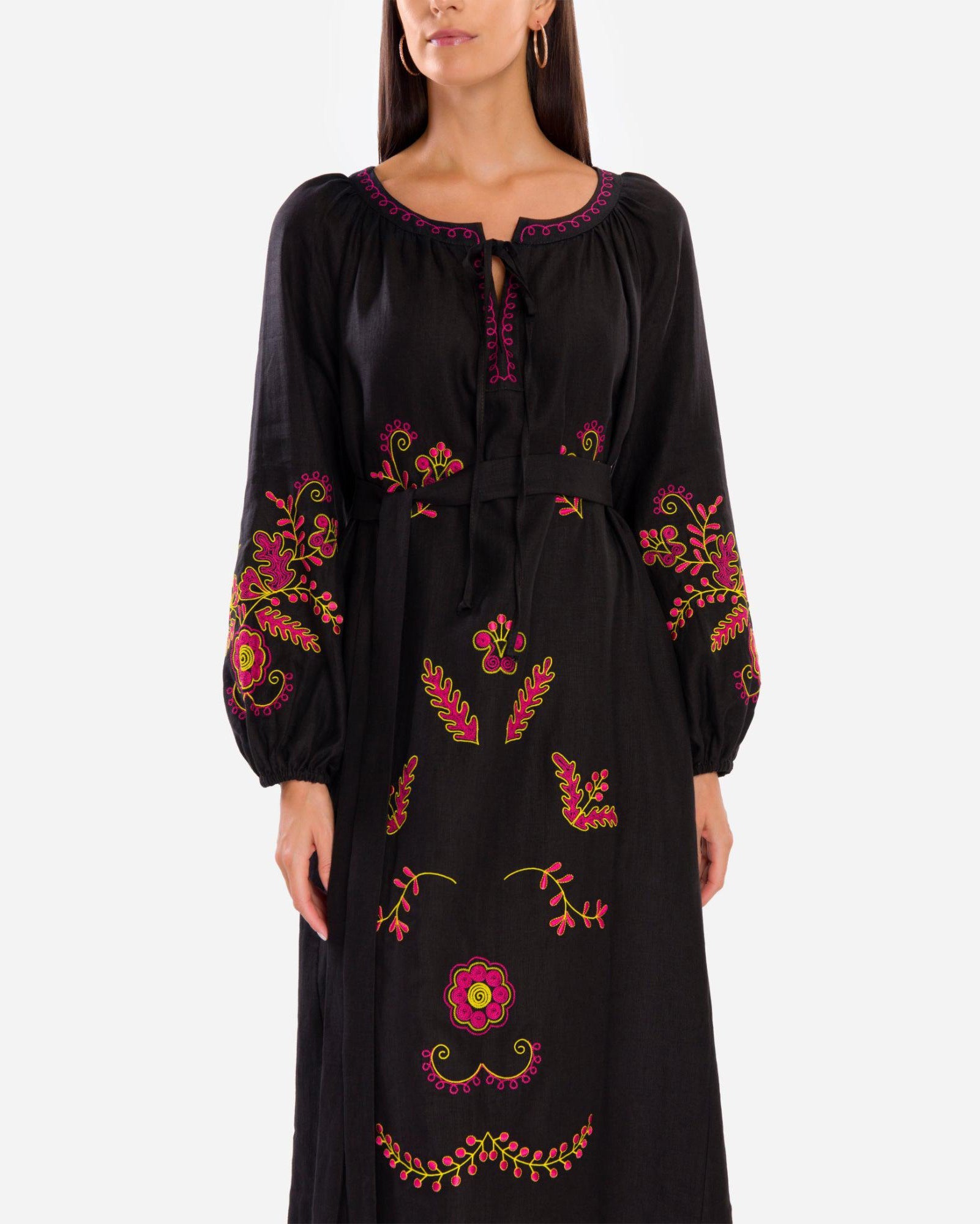 Black Embroidered Linen Maxi Dress – Balloon Sleeves | ZALXNDRA