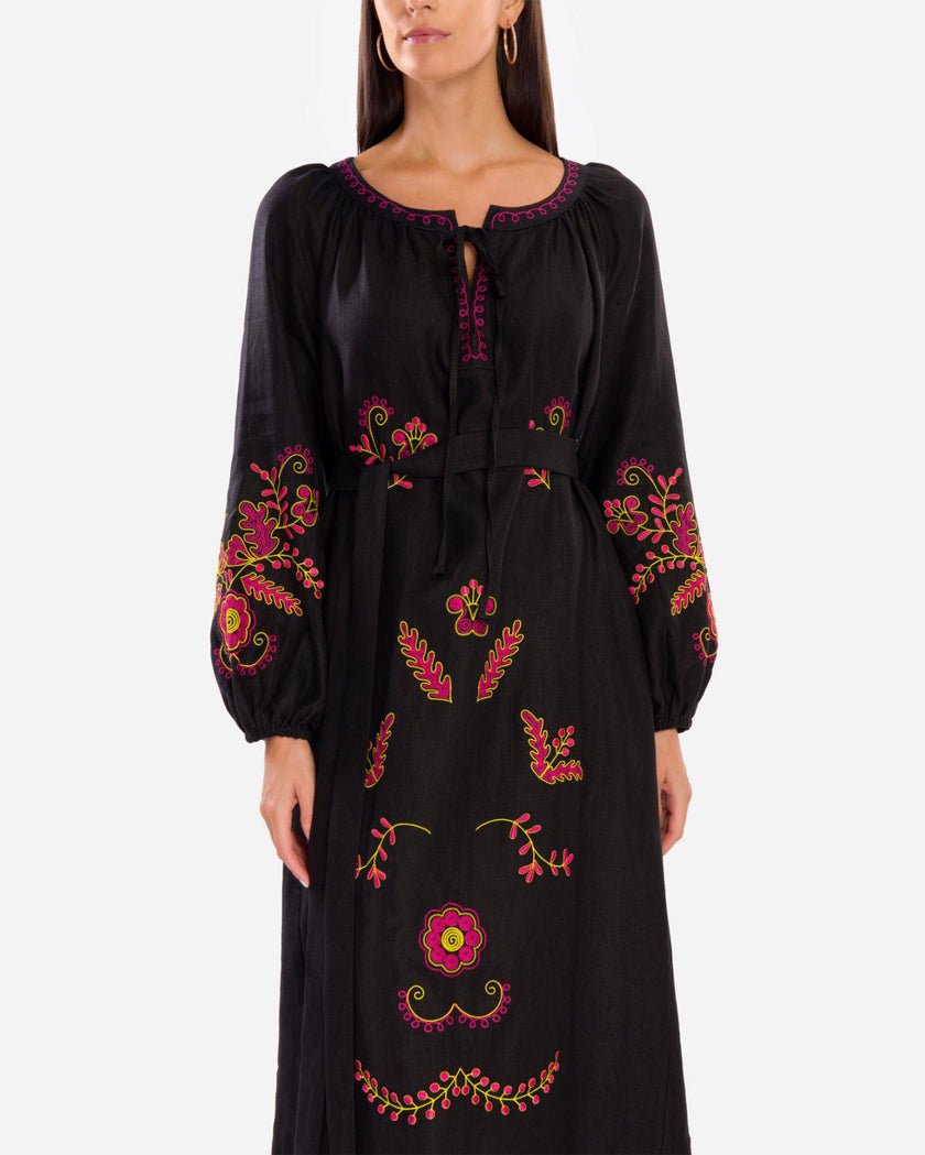 Black Embroidered Linen Maxi Dress | ZALXNDRA