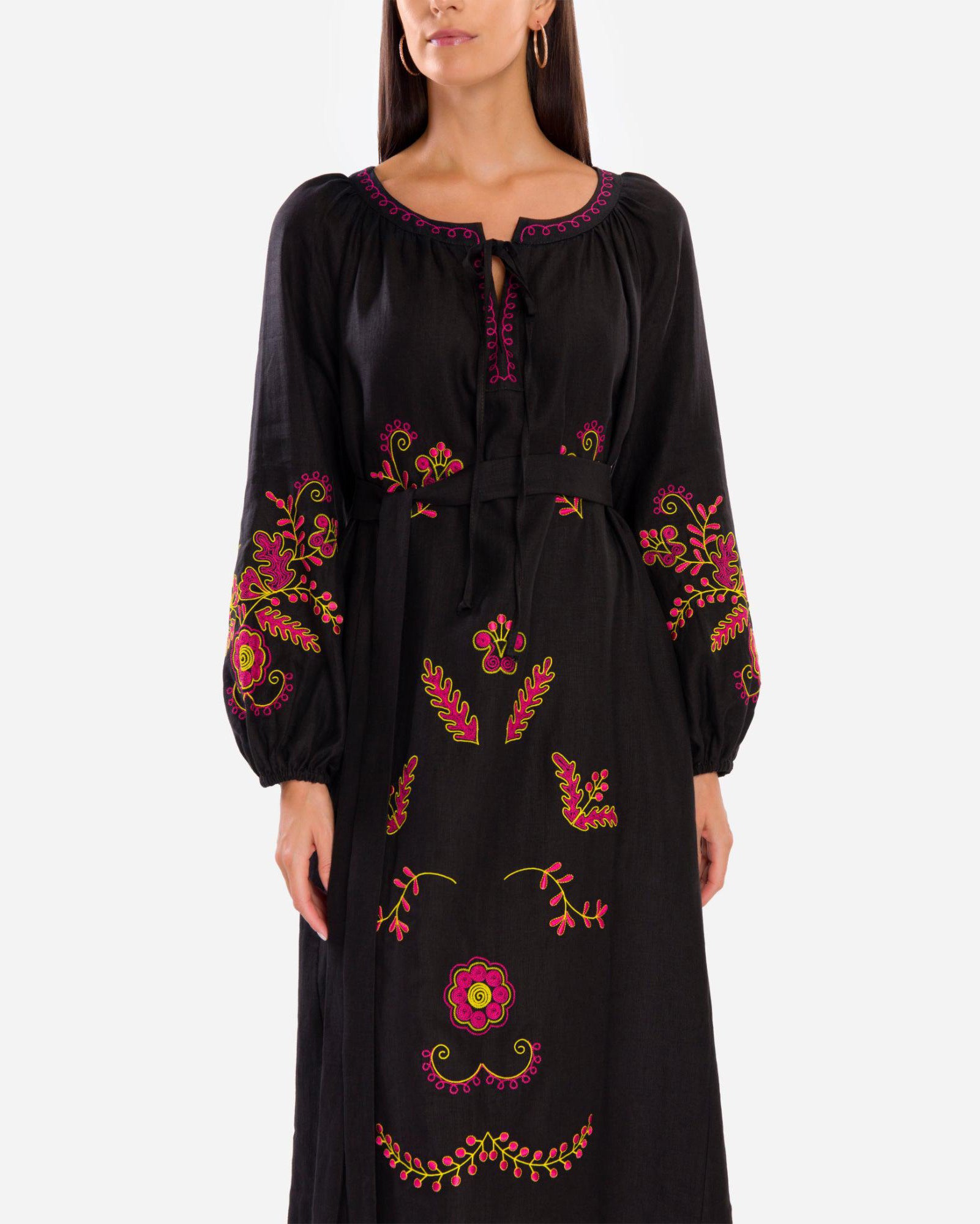 Black Embroidered Linen Maxi Dress – Balloon Sleeves || ZALXNDRA