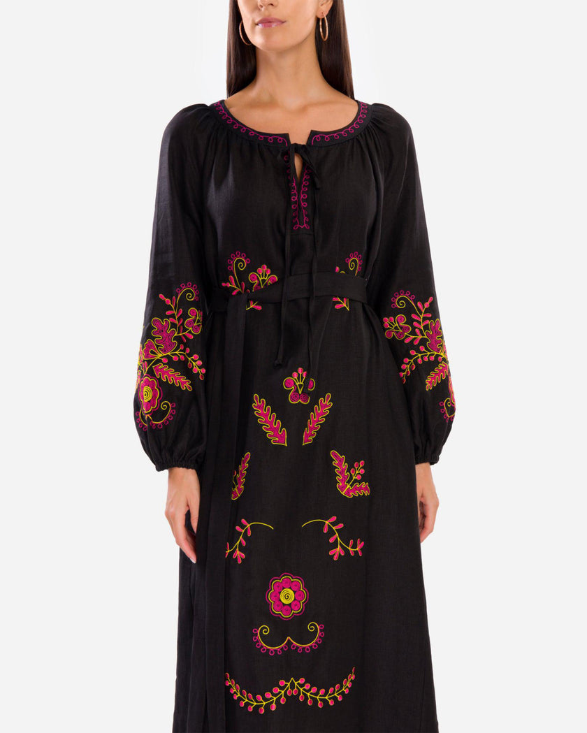 Black Pink Yellow Floral Embroidered Linen Kaftan Maxi Dress