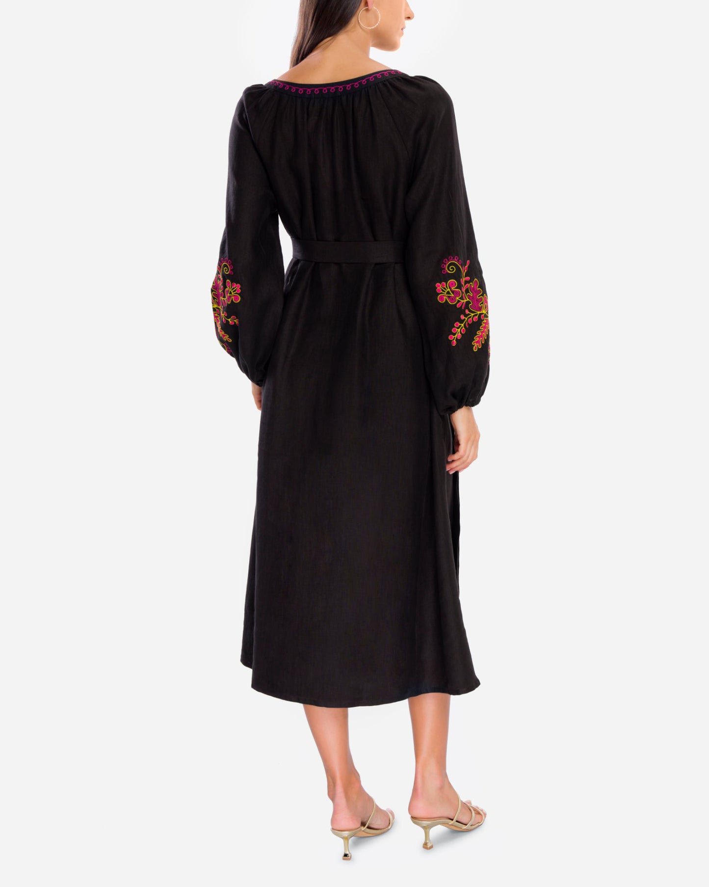 Black Embroidered Linen Maxi Dress – Balloon Sleeves | ZALXNDRA