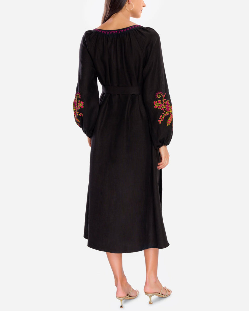 Black Pink Yellow Floral Embroidered Linen Kaftan Maxi Dress