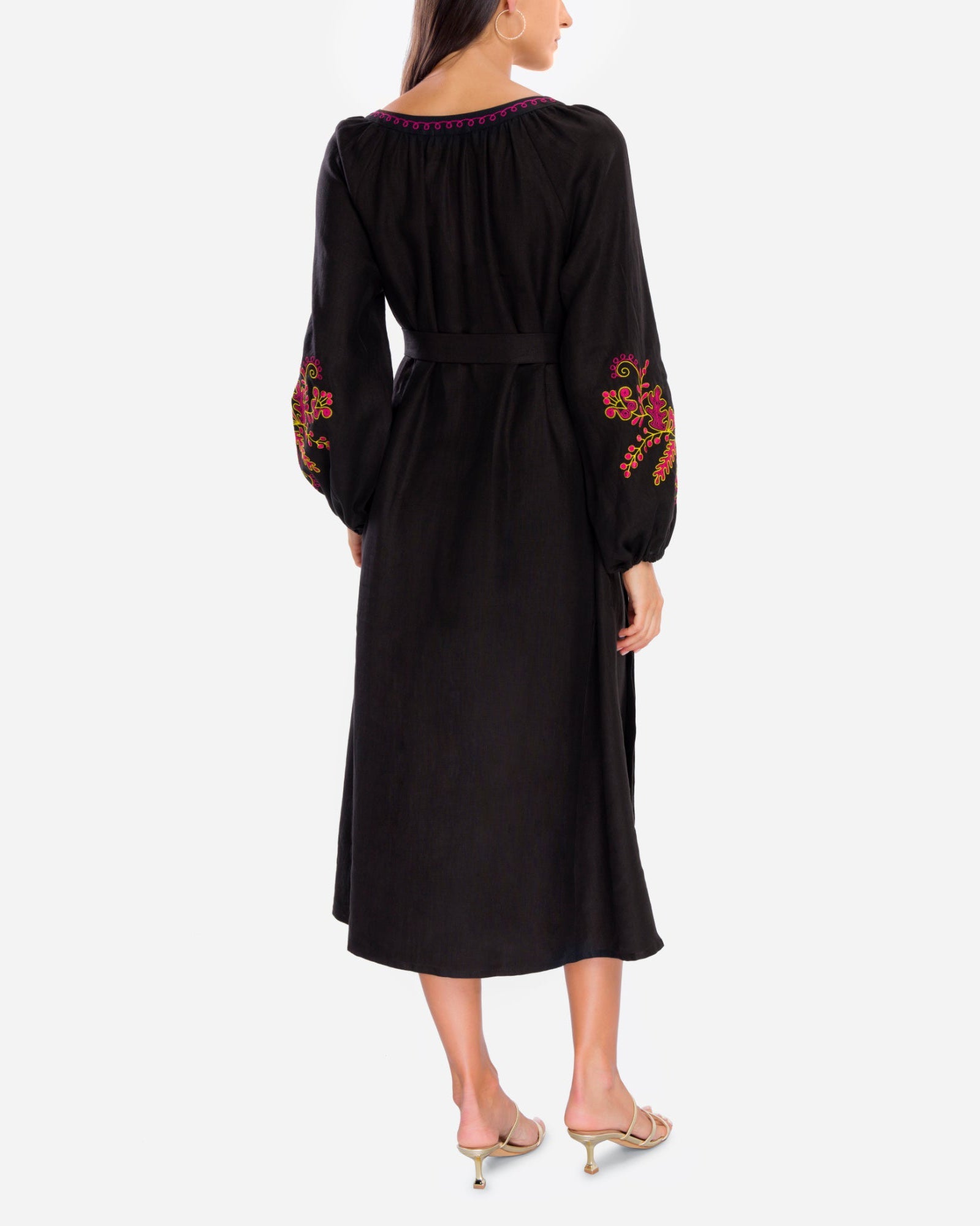 Black Embroidered Linen Maxi Dress – Balloon Sleeves | ZALXNDRA