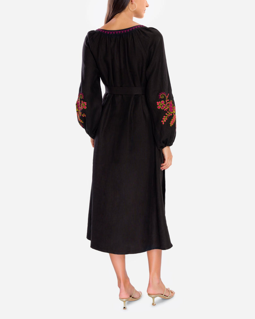 Black Embroidered Linen Maxi Dress | ZALXNDRA