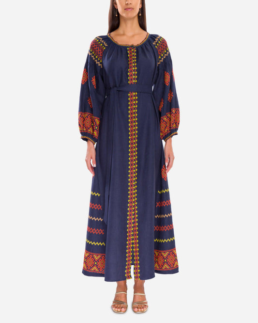 Rhapsody Blue Embroidered Linen Maxi Dress – Balloon Sleeves