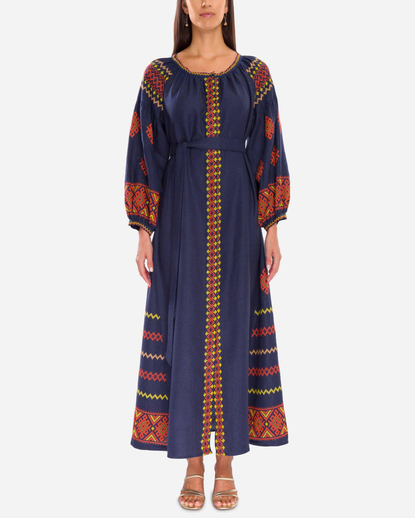 Navy Blue Orange Hand-Embroidered Cross-Stitch Linen Kaftan Maxi Dress