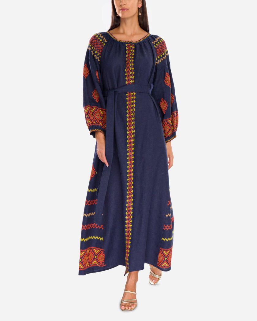 Rhapsody Blue Hand Embroidered Linen Maxi Dress | ZALXNDRA