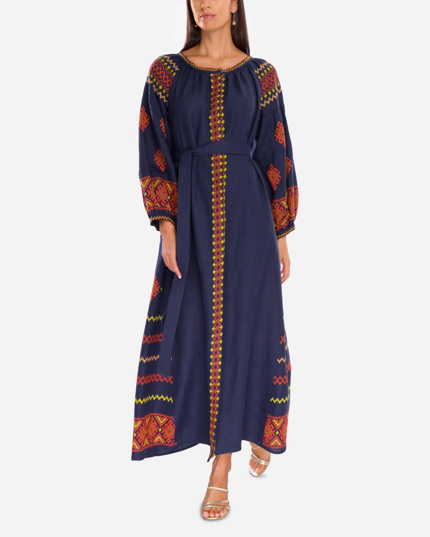 Rhapsody Blue Embroidered Linen Maxi Dress – Balloon Sleeves