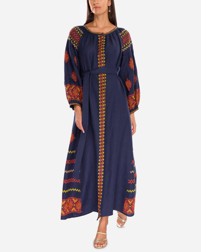 Navy Blue Orange Hand-Embroidered Cross-Stitch Linen Kaftan Maxi Dress