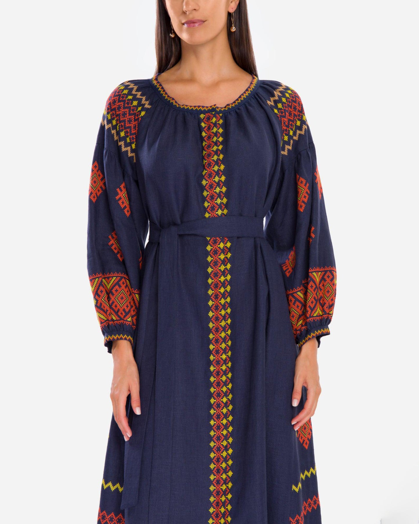 Rhapsody Blue Embroidered Linen Maxi Dress – Balloon Sleeves