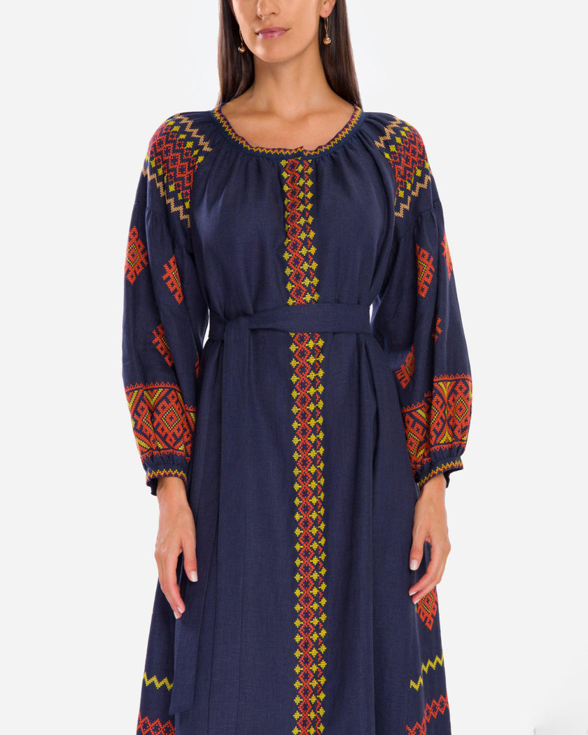 Navy Blue Orange Hand-Embroidered Cross-Stitch Linen Kaftan Maxi Dress
