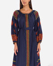Rhapsody Blue Embroidered Linen Maxi Dress – Balloon Sleeves