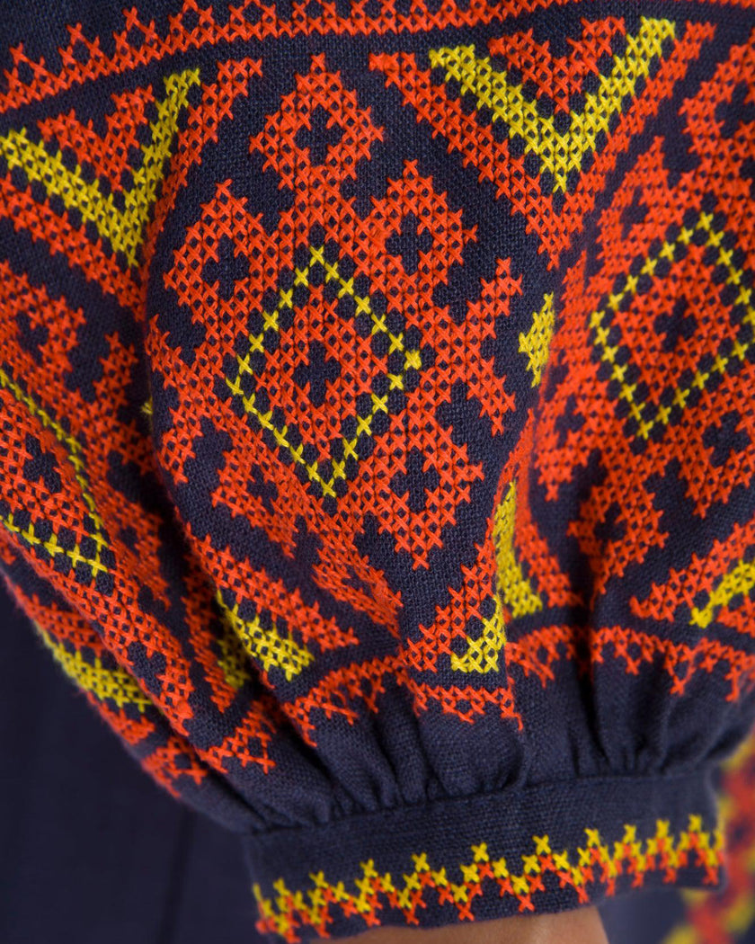 Navy Blue Orange Hand-Embroidered Cross-Stitch Linen Kaftan Maxi Dress