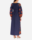 Rhapsody Blue Embroidered Linen Maxi Dress – Balloon Sleeves
